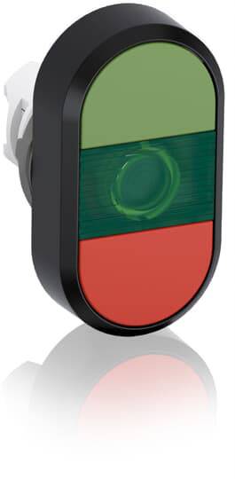 Ein ovaler Knopf mit grünem und rotem Licht, getrennt durch eine horizontale Linie. Zeigt an: 