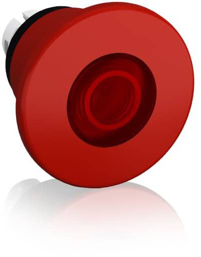 Ein runder, roter Not-Aus-Taster mit schwarzem und weißem Hintergrund. Verwendet für Notabschaltungen in Maschinen oder Anlagen.