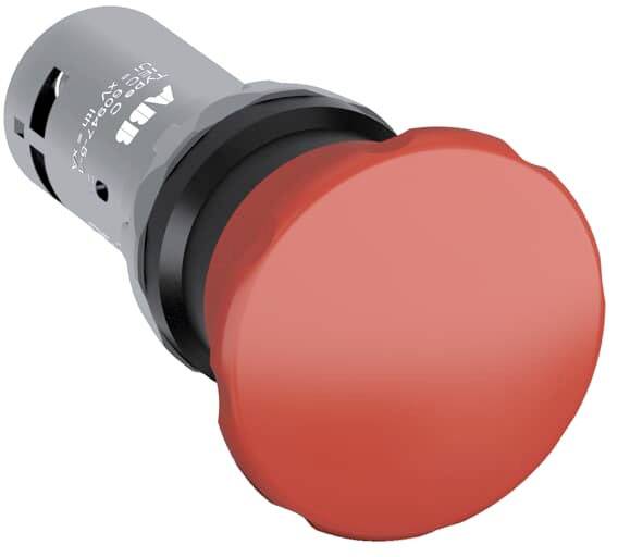 Großer roter runder Knopf, teilweise schwarz und metallisch, vermutlich ein Not-Aus-Schalter für Maschinen oder Geräte.