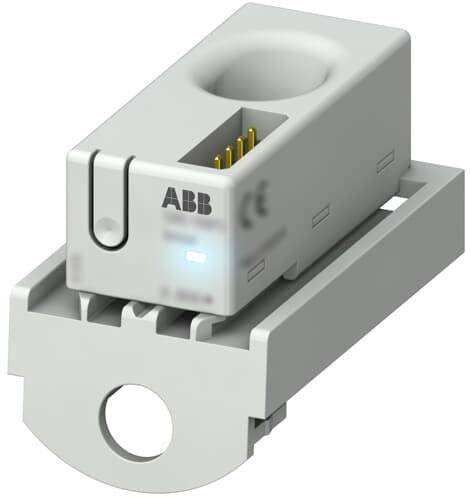 Ein weißes elektrisches Bauteil von ABB, montiert auf einer Halterung, mit sichtbaren Anschlüssen.