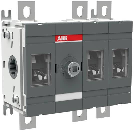 Ein dreipoliger Lasttrennschalter von ABB, grau mit roten Akzenten, zeigt eine zentrale Drehvorrichtung und seitliche Befestigungen.