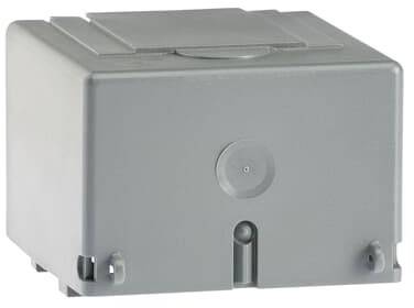 Graues, rechteckiges Kunststoffgehäuse mit Deckel, geeignet für elektrische Anschlüsse oder Schaltgeräte im Innenbereich.