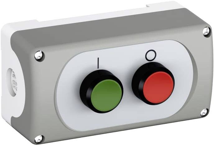 Grüner und roter Druckknopf in rechteckigem Gehäuse, Beschriftungen 'I' und 'O', möglicherweise für Ein-Aus-Schaltungen.