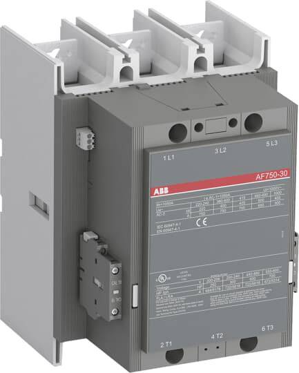 Industrieschütz-Modul, grau, mit drei Oberleitungen und frontalem Label mit technischen Details, Modell 'AF750-30', Herstellerlogo sichtbar.