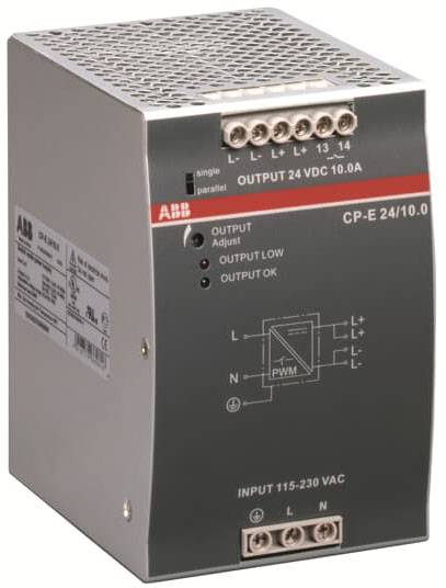 Industrianlage-Netzteilmodul mit technischen Spezifikationen auf der Vorderseite: 'OUTPUT 24 VDC 10A', 'INPUT 115-230 VAC'.