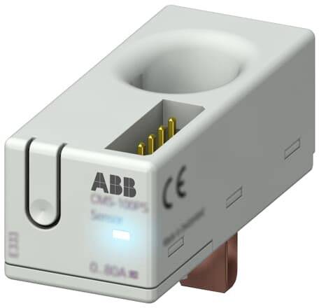Ein elektronisches Gerät mit einem Leuchtsignal an der Vorderseite, mehreren Steckverbindungen oben und mit der Aufschrift 'ABB' und 'CE'.