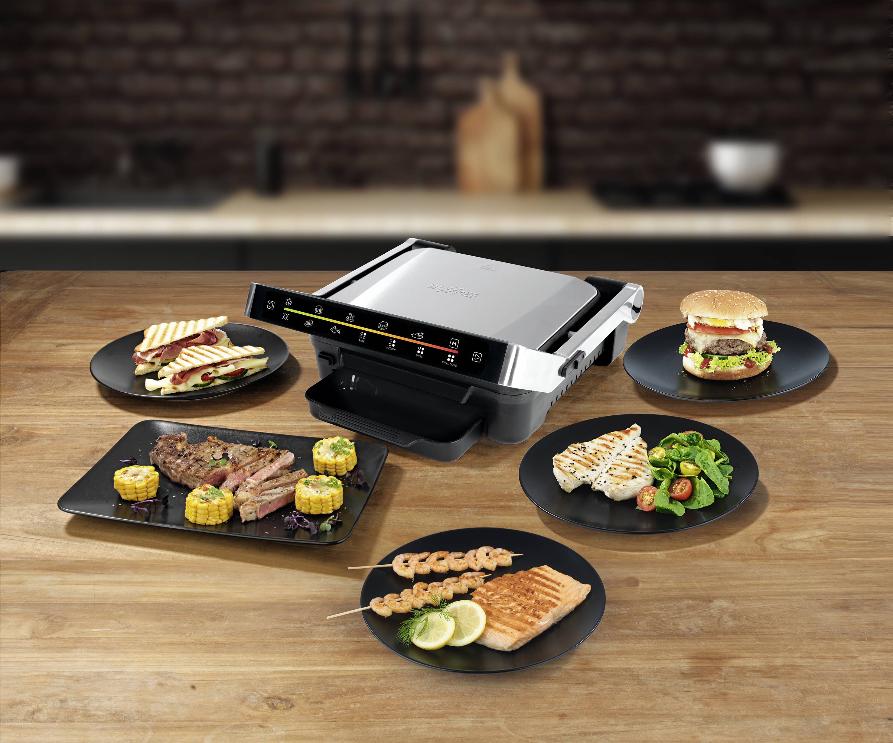 Maxxmee 09550 Elektro Grill klappbar, kabelgebunden, mit Display Aluminium, Schwarz