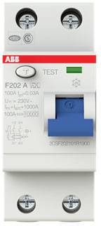 FI-Schutzschalter, Modell 'F202 A', schaltet bei Fehlerstrom ab. Enthält Testknopf, Anzeigeleuchten. Spezifikationen: 100 A, 230 V.