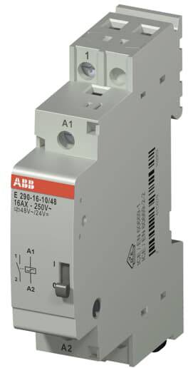 Industriekontaktor von ABB, Modell E 290-16-10/48, mit 16 A, 250 V AC. Zwei Hauptanschlüsse oben, Steuerkontakte A1 und A2 unten.