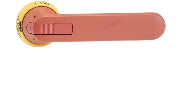 Roter Hebel an einem gelben Schalter, mit Beschriftungen 'OFF' und 'ON'. Hebel in der 'ON'-Position.