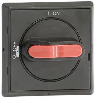 Ein schwarzer Schalterschalter mit rotem Hebel zeigt auf 'ON', das 'OFF' markiert ist.