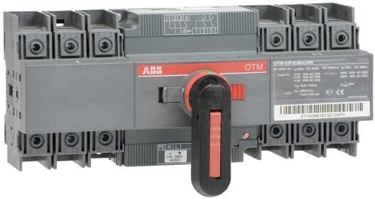 Elektrischer Schaltschalter in grauem Gehäuse mit rotem Griff, umgeben von mehreren Anschlussklemmen. Hersteller: ABB.