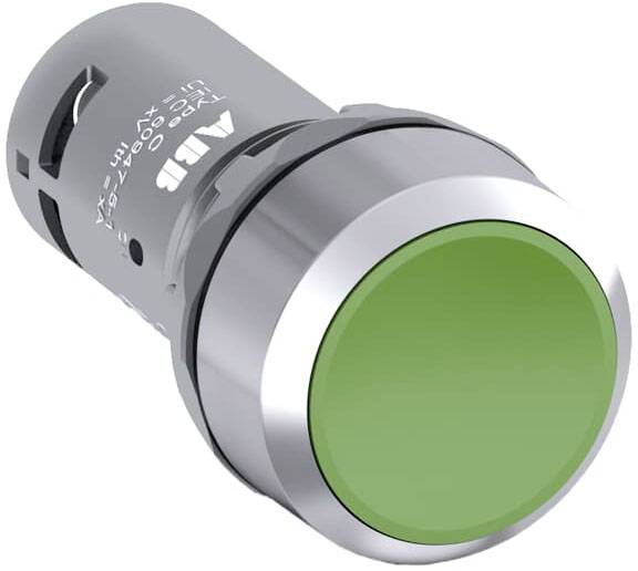 Runder, grüner Druckknopf vor weißem Hintergrund, verwendet zur Steuerung oder Aktivierung von elektronischen Geräten.