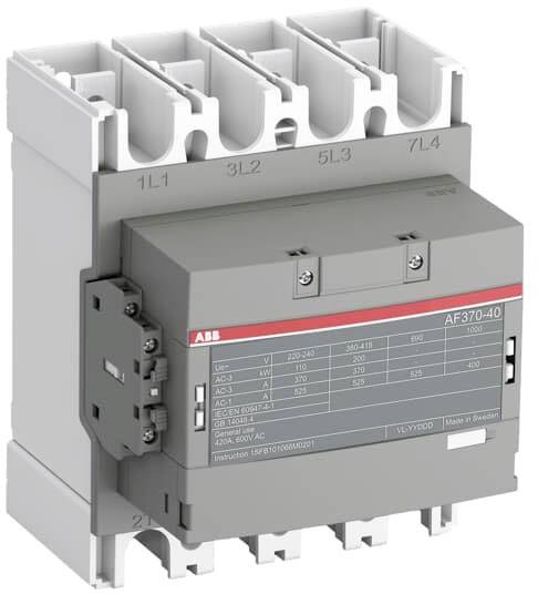 Industrieschütz AF370-40 von ABB, geeignet für Steuerung von elektrischen Motoren und weiteren Lastmodulen. Markierungen der Anschlussklemmen sichtbar.