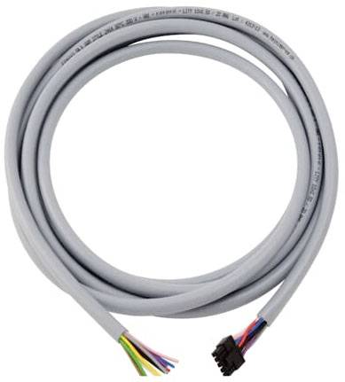 Graues Datenkabel mit offen liegenden, farbigen Drähten an einem Ende und einem schwarzen Stecker am anderen. Geeignet für Elektrotechnik.