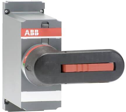 'ABB' Marken-Lasttrennschalter mit rotem und schwarzem Drehgriff an grauem Gehäuse.