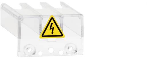 Durchsichtige Abdeckung mit gelbem Warnsymbol; Blitzpfeil kennzeichnet elektrische Gefahr.