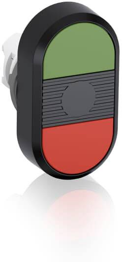 Ein ovaler Netzschalter mit grünem und rotem Bereich, grün oben und rot unten, symbolisiert Ein- und Ausschalten.