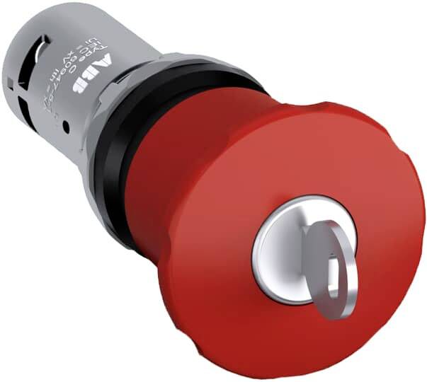 abgebildet ist ein Not-Halt-Drehschalter mit rotem Kopf und Schlüssel.