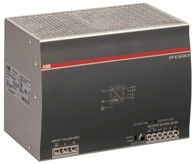 Industrie-Stromversorgungseinheit, silbernes Gehäuse, Modell CP-E 24/20.0 von ABB, mit Anschlüssen und technischer Beschriftung.