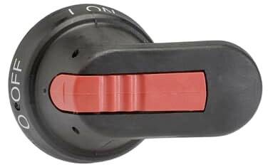Schwarzer und roter Kippschalter in der 'OFF'-Position. Schalter ist rund, Beschriftung 'ON' und 'OFF'.