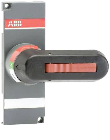 Ein schwarzer, roter Hebelschalter von ABB, vertikal montiert, dient zur elektronischen Steuerung und Sicherheit in industriellen Anwendungen.