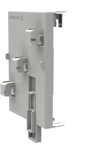 Graues rechteckiges Kunststoffteil mit mehreren hervorstehenden Clips und Haken. Es scheint eine Halterung oder Abdeckung zu sein.