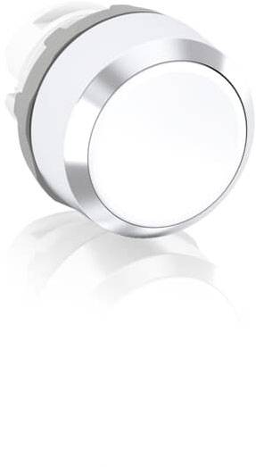 Ein glänzender, runder Knopf mit silberner Umrandung auf weißem Hintergrund.