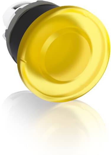 Großer, gelber Druckknopf auf weißem Hintergrund. Der Knopf hat eine gewölbte Oberfläche und wird üblicherweise in Maschinen verwendet.