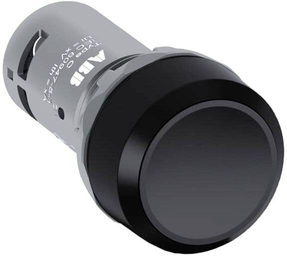 Ein grauer runder Druckknopf, der in elektrischen Steuerungen verwendet wird. Er hat einen schwarzen Rahmen und zeigt kein spezifisches Symbol.