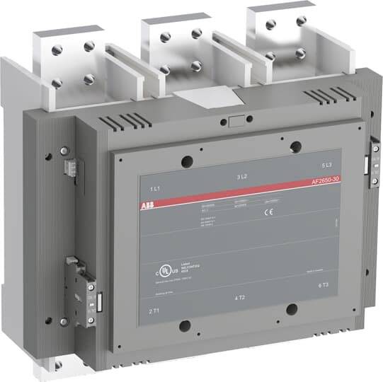 Schütz mit grauem Gehäuse, Metallanschlüssen und Seitenschaltern. Markiert mit 'AF2050-30' und Zertifizierungslogos auf der Vorderseite.