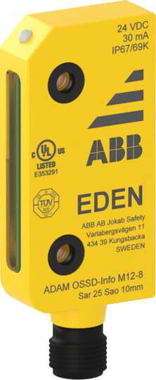 Gelbes Sensorgehäuse mit Aufschriften 'ABB', 'EDEN', 'CE/UL Zertifikate' und 'Varalbergsvägen 11, 434 39 Kungsbacka, SWEDEN'.