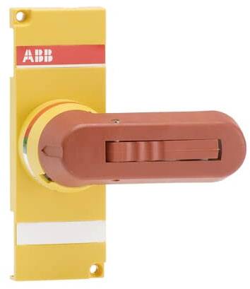 Gelber und roter Not-Aus-Schalter mit der Aufschrift 'ABB'.