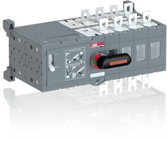 Grauer ABB-Umschalter mit rotem und grünem Griff, sechs Anschlussklemmen oben, eingebaut in ein rechteckiges Gehäuse.