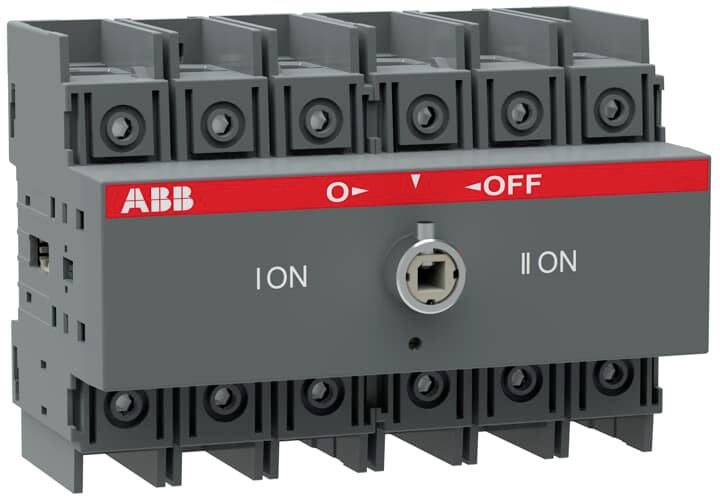 Ein grauer elektrotechnischer Schalter von ABB mit zentralem Drehrad, markiert mit 'OFF', 'I ON' und 'II ON'. Für Steuerung von Stromkreisen.
