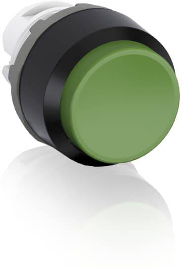 Ein grüner Knopf in einem schwarzen Gehäuse, möglicherweise ein Schalter oder Taster, der für industrielle oder technische Anwendungen verwendet wird.