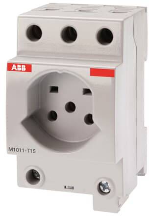 Ein graues elektronisches Bauteil mit drei oberen Anschlusslöchern und einer frontalen Steckdose mit ABB-Logo links oben.