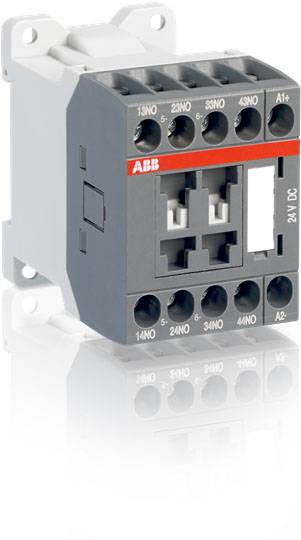 Ein grauer und roter elektrischer Schütz mit mehreren Anschlüssen und einer Aufschrift 'ABB' oben. Verwendung in elektrischen Schaltungen.