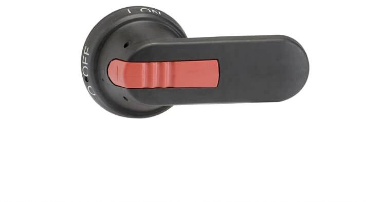 Schwarzer Hebelschalter mit rotem Griff, zeigt auf 'OFF'.