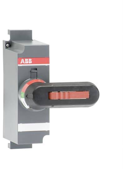 Ein grauer ABB-Schalter mit großem rotem Griff, eingesetzt zur elektrischen Steuerung in industriellen Anwendungen.