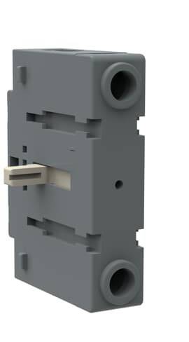 Grauer, rechteckiger elektrischer Schalter mit seitlichem Hebel, ausgelegt für industrielle Anwendungen. Vertikale Anordnung.
