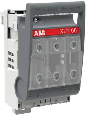 Ein poliger Lasttrennschalter von ABB mit grauem Gehäuse und rotem Etikett 'XLP 00'. Hauptsächlich industrielle Verwendung.