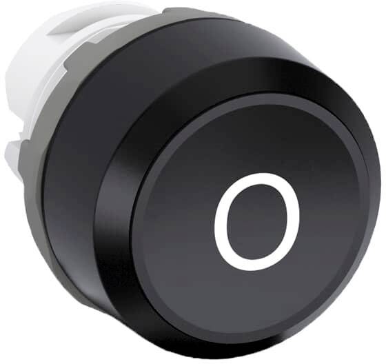 Ein schwarzer runder Knopf mit einem 'O' in der Mitte, vermutlich ein An-/Aus-Schalter.