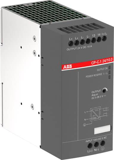 Ein graues industrielles Netzteil mit rotem Aufdruck, das Gleichstrom mit 24 V und 10 A liefert, von der Marke ABB.