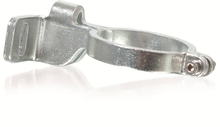 Ein einzelnes, silbernes Metallklemmbügel aus Stahl, horizontal auf weißem Hintergrund dargestellt, zeigt die konkave Form und Schraubloch.