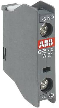 Grauer, schmaler elektrischer Schalter von ABB, Modell CE5-10, mit Schraubanschlüssen, geeignet für NO-Kontakte.