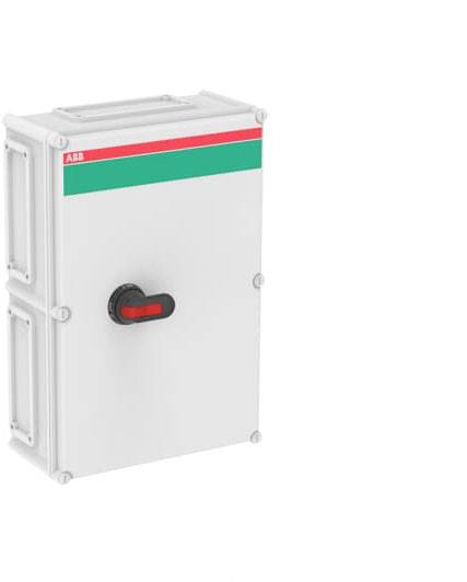 Ein weißes Schaltkasten mit einem schwarzen und roten Schalter auf der Vorderseite, hergestellt von ABB.