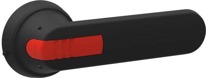 Schwarzer Türgriff mit rotem Akzent.