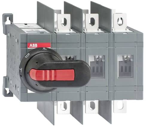 Schalter der Marke ABB mit roten Bedienungselementen und grauem Gehäuse, geeignet für industrielle elektrische Anwendungen.