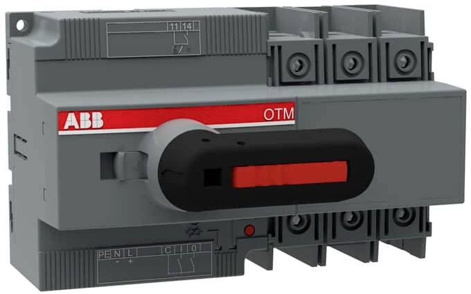 Grauer elektrischer Umschalter mit rotem Hebel und ABB-Logo. Markiert mit 'OTM'. Verbindet Stromkreise, kompakt und robust.
